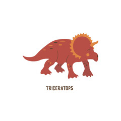 Triceratops dinosaur. Large herbivore, extinct ancient lizard with horn, Jurassic period. Card. Colorful vector isolated illustration hand drawn. White background. Red cute dino