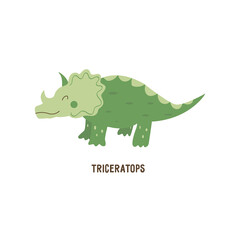 Triceratops dinosaur. Large herbivore, extinct ancient lizard with horn, Jurassic period. Card. Colorful vector isolated illustration hand drawn. White background. Cute green dino