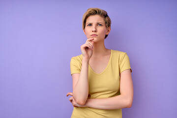 Closeup photo of amazing short hairdo lady looking at camera empty space deep thinking creative...