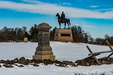 Monuments on Snow Covered East Cemetery Hill, Gettysburg National Military Park, Pennsylvania, USA