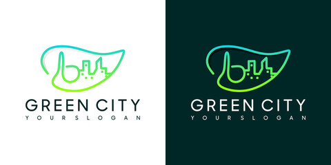 green city minimalist logo with leaf concept, logo premium vector