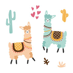 Set of lama with blue and ginger cactus, cacti and pink hearts, grass  isolated on white background. Vector illustration for postcard, banner, web, decor, design, arts, calendar.