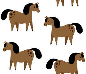 Vector seamless pattern of flat cartoon hand drawn horse isolated on white background