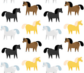 Vector seamless pattern of different color flat cartoon hand drawn horse isolated on white background