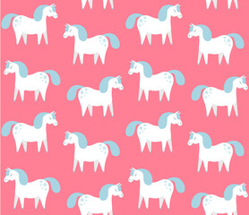 Vector seamless pattern of white flat cartoon hand drawn horse isolated on pink background