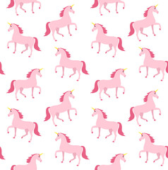 Vector seamless pattern of flat cartoon pink unicorn isolated on white background