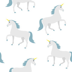 Vector seamless pattern of flat cartoon unicorn isolated on white background