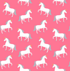 Vector seamless pattern of flat cartoon unicorn isolated on pink background