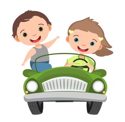 Little girl drives a car. Kids in childrens automobile. Toy vehicle. With a motor. Nice passenger auto. Pedal or electric. Isolated on white background. Vector