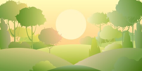 Rural beautiful landscape. Cartoon style. Hills with grass and forest trees. Lush meadows. Cool romantic beauty. Flat design illustration. Vector art