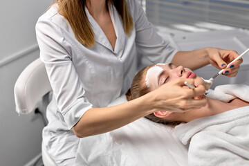 Beautiful caucasian client at beautician getting spa procedures, facial massage and mask for fresh skin. Hands of beautician with brush masking the face of young female client. side view, copy space