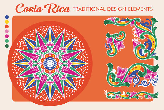 Costa Rican Ox Cart Wheel design and ornaments. Orange Version. Traditional painting. Vectors (EPS)