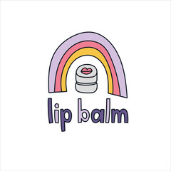 Lip balm hand drawn doodle lettering. Vector illustration. Beauty products and skin care concept.