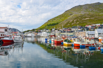 Fototapeta na wymiar Honninsvag, Norway with fishing boats in quiet village town