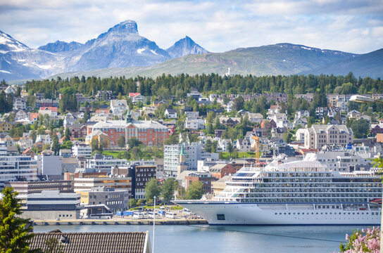 Viking Sky cruise ship and city of Tromso, Norway