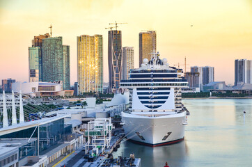 Cruise ship in PortMiami in early morning before sailaway: Miami