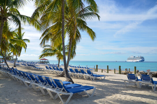 Sky Princess cruise ship offshore at private island in the Caribbean