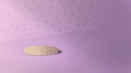 Cylinder wood podium in purple background with stars.