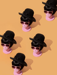 Dummy fashion paris lady in stylish black hat and sunglasses. Autumn, fall winter concept....