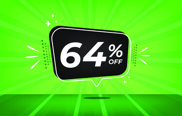 64% off. Green banner with sixty-four percent discount on a black balloon for mega big sales.