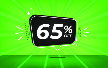 65% off. Green banner with sixty-five percent discount on a black balloon for mega big sales.