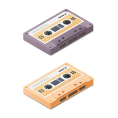 Audio tape compact cassette. Colored isometric illustration. 3d image. Music listening. Isolated on white background.