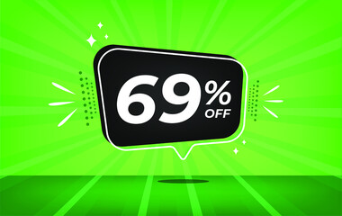 69% off. Green banner with sixty-nine percent discount on a black balloon for mega big sales.