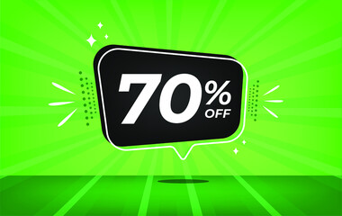 70% off. Green banner with seventy percent discount on a black balloon for mega big sales.