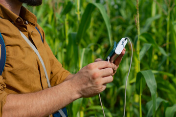 Tourist holds a smartphone with a portable charger in his hands. Man with a Power Bank charges the phone against the background of the corn field.