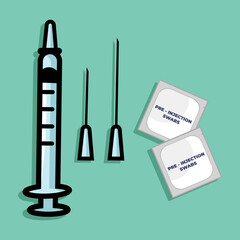 Vector illustration of injection set on blue background. Medical equipment. Syringe and needles. Alcohol swabs.