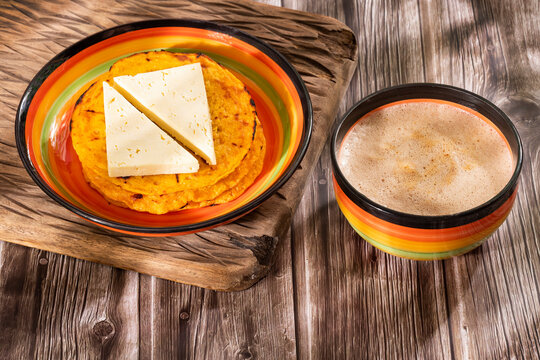 Colombian breakfast with arepa chocolo - Traditional food