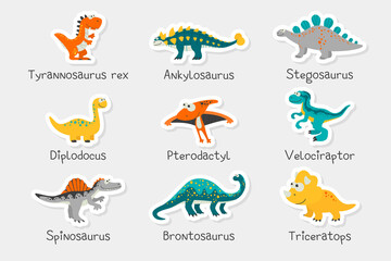 Vector Paper Stickers. Cute Funny Dinosaurs and Titles - T-rex, Stegosaurus, Velociraptor, Pterodactyl, Brachiosaurus, Ankylosaurus, Diplodocus, Spinosaurus, Brontosaurus, Triceratops. Dinosaur Set © gomolach