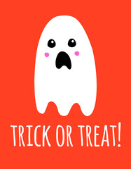 Vector flat cartoon hand drawn ghost and trick or treat lettering isolated on orange background. Halloween greeting card banner