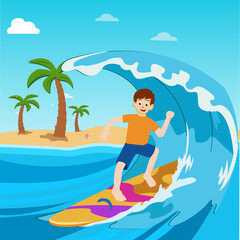 Obraz na płótnie Canvas Character of a young male surfer surfing on big waves. vacation trip on tropical island beach vector illustration 