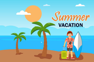 it's time summer vacation in beach. surfing, photos, tropical beach sunsets. Vector illustration