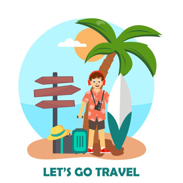 it's time summer vacation in beach. surfing, photos, tropical beach sunsets. Vector illustration
