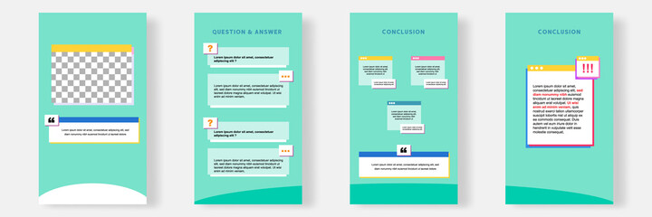 Social media faq, question, answer stories banner layout template with geometric shape background and bubble message design element in green white color. Vector illustration