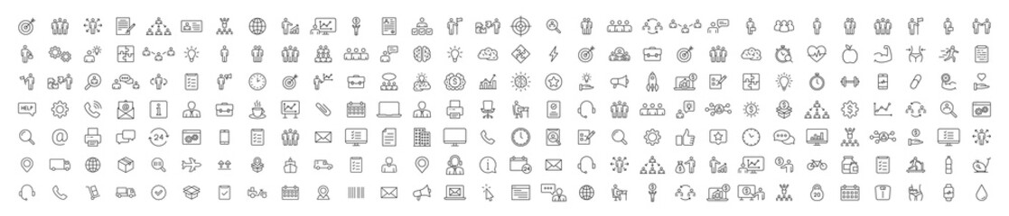 Set of 200 Teamwork web icons in line style. Team Work, people, support, business. Vector illustration.