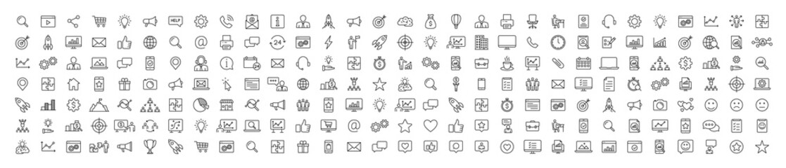 Set of 200 Media and Web icons in line style. Data analytics, Digital marketing, Management, Message, Phone. Vector illustration.