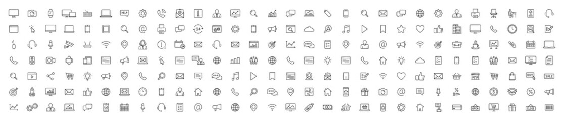 Set of 200 Technology and Electronics and Devices web icons in line style. Device, phone, laptop, communication, smartphone, ecommerce. Vector illustration.