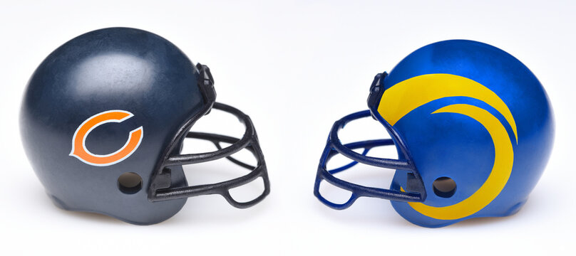 IRVINE, CALIFORNIA - 24 JUNE 2021: Football helmets of the Chicago Bears and Los Angeles Rams, Week 1 opponents in the NFL 2021 Season