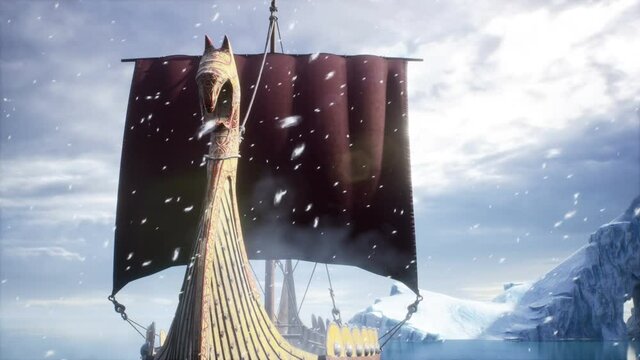 A fearless viking stands on a glacier next to his Drakkar during a snowstorm. Viking warship in winter natural conditions. The animation is perfect for historical, war and medieval backgrounds.