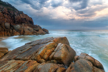 Fototapeta na wymiar a rocky beach on stormy day