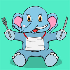 Character Elephant Ready For Eat, Turquoise Blue Colors Background, Mascot, Icon, Character or Logo, Vector and Illustration.