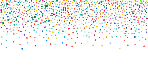 Watercolor confetti on white background. Alive rainbow colored dots. Happy celebration wide colorful bright card. Beautiful hand painted confetti.