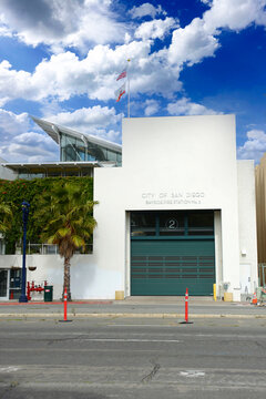 Looking at the City of San Diego Bayside Fire Station no.2 building on Pacific Hwy in San Diego, CA.