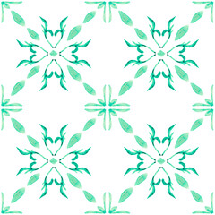 Azulejo watercolor seamless pattern. Traditional Portuguese ceramic tiles. Hand drawn abstract background. Watercolor artwork for textile, wallpaper, print, swimwear design. Green azulejo pattern.