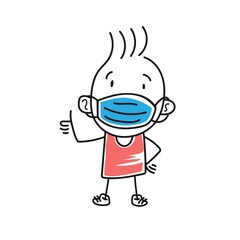 stick man figure of a man wearing medical mask and making thumb up, prevention of coronavirus