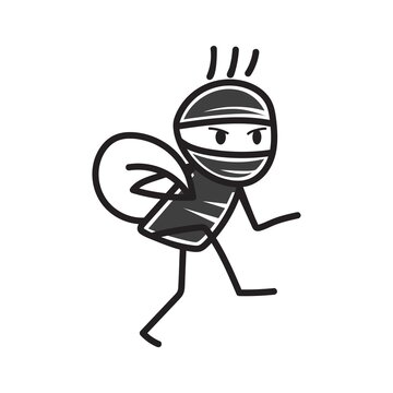 stick figure drawing conceptual illustration of thief running with bag of loot.