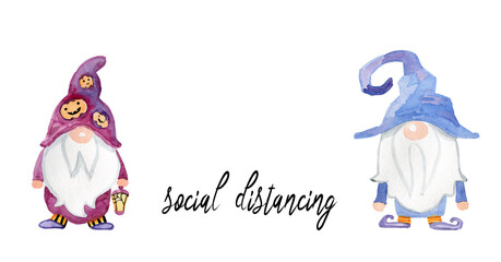 Halloween. Cute watercolor gnomes with watercolor by hand will preserve social disstalence. Banner for social network